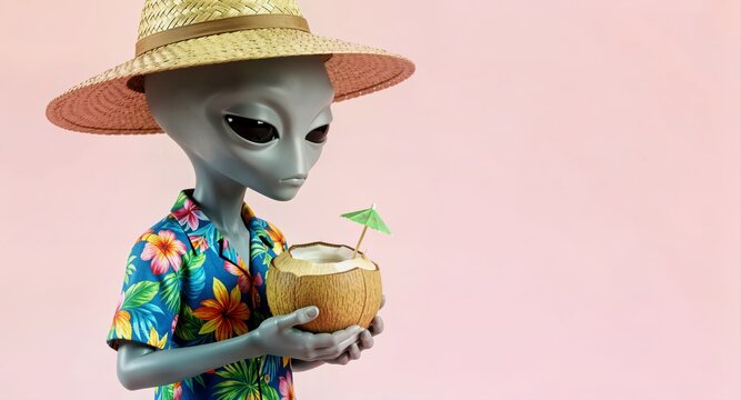 Funny grey alien wearing Hawaiian shirt and straw hat drinking coconut cocktail on vacation.

