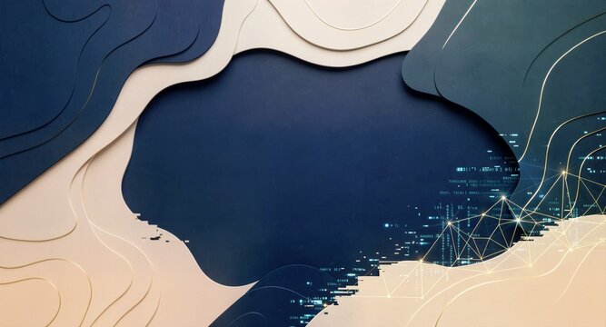 Abstract paper cut topographic landscape with digital tech network for corporate design.

