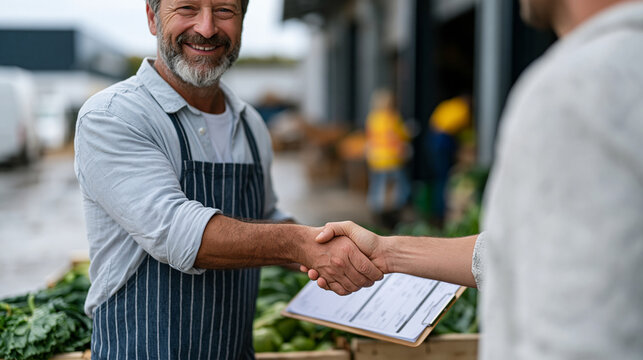 Agricultural distributor and restaurant buyer shaking hands over crates of late-summer produce at a rain-slicked loading dock, invoice clipboard between them, workers visible in background, B2B nego