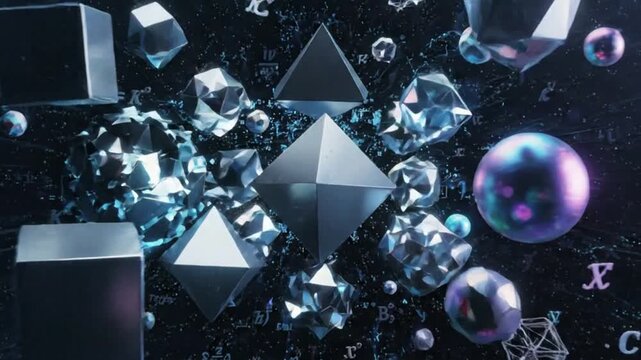 Abstract Geometric Shapes Floating in Dark Space with Light Effects