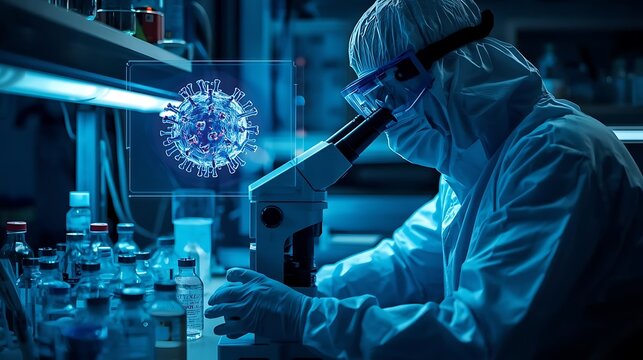 Scientist in protective gear examining a virus sample under a microscope in a high-tech lab.