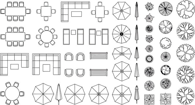 Set of landscape design elements, top view furniture, umbrellas, trees, and plants for architectural plan, isolated on white background