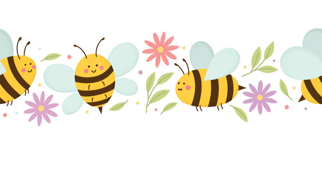 Seamless border with smiling bees, colorful flowers and green leaves. Horizontal pattern with cute flying insects
