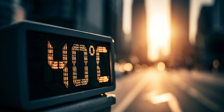 Digital street thermometer showing 40 degrees Celsius during a summer heatwave, representing extreme urban heat, climate change and hot weather warning