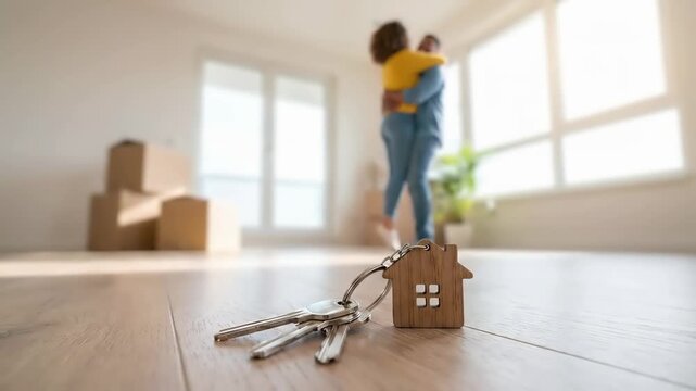 Keys with a wooden house keychain on the floor a new home. Happy couple hugs in the background near windows and moving boxes, celebrating their real estate purchase and mortgage achievement.