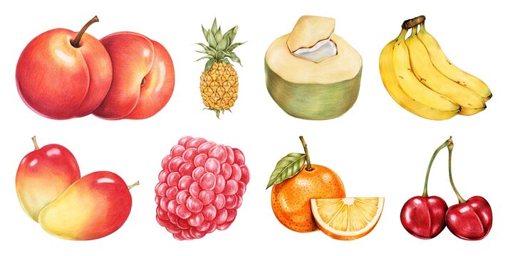 Illustrated fruits: peaches, pineapple, coconut, bananas, apples, raspberry, orange, cherries.