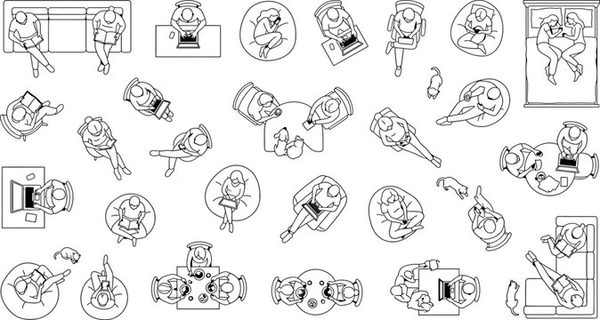 Top view of people sitting on furniture, working on laptops, reading books and relaxing, isolated on white background
