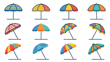 Obraz premium Professional Set of Twelve Summer Beach Vacation Umbrella Icons in Clean Geometric Style Featuring Vibrant Striped Parasols for Travel Agency Graphics Holiday Branding and Seasonal Projects