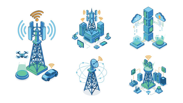 Modern Isometric Vector Icon Set of 5G Network Connectivity Towers and Wireless Communication Infrastructure Featuring 3D Effect Grid Layout for High Speed Internet and Advanced Technology
