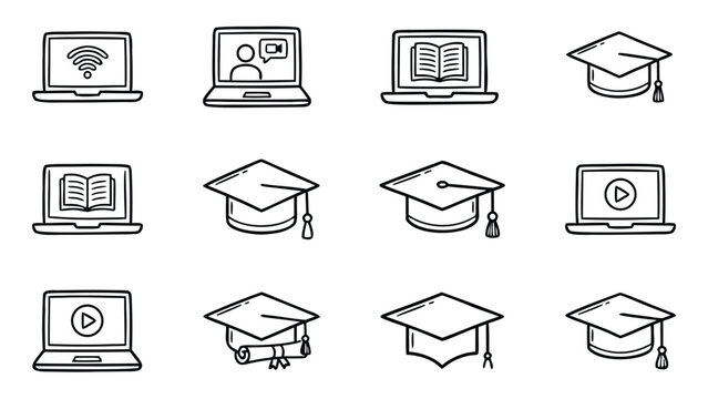 Modern outline vector icon set for online learning and digital education featuring laptops, graduation caps, and certificates. Distinct e-learning elements in a grid on white background layout.