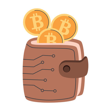Cripto wallet with the Bitcoin cryptocurrency symbol. Simple vector objects isolated on white background. Fintech illustration, mobile banking, online finance, blockchain technology, digital currency.