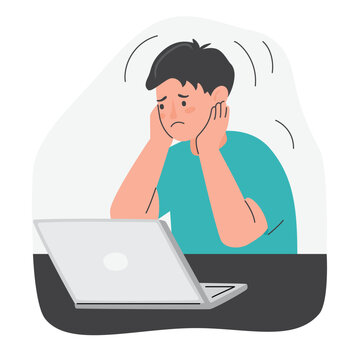 Unhappy man looking at a laptop screen. Emotional character sitting at the table covered his face with his hands. Simple vector illustration in flat colors style and isolated on white background.