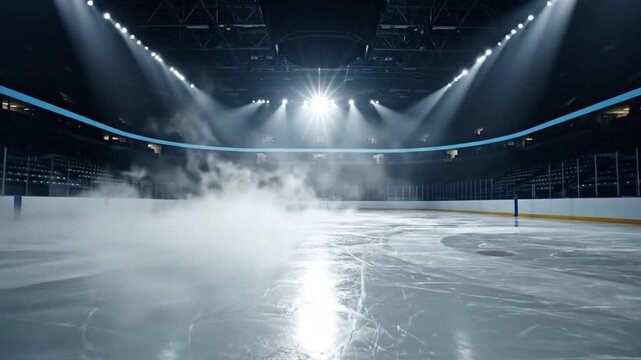 An empty professional indoor ice rink at night with multiple spotlight beams shining through fog onto the textured surface of the ice, featuring stadium seating in the dark.