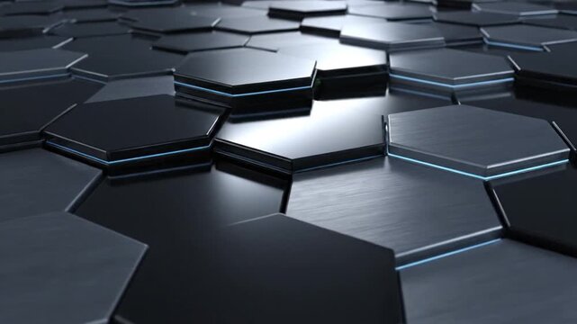 3D render of dark metallic hexagons arranged in a honeycomb pattern featuring brushed metal textures and blue glowing light accents in the recessed gaps between the geometric tiles.