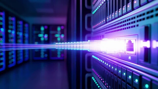 Fiber optic cable plugged into a network server port inside a modern data center. Speed internet connection and digital information transmission across cloud computing infrastructure.