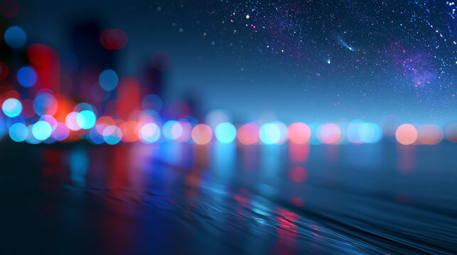 Defocused neon glowing coastline at night with galaxy sky, cyberpunk beach reflection futuristic shore, technology-inspired dreamscape surreal fantasy, cosmic horizon with starry