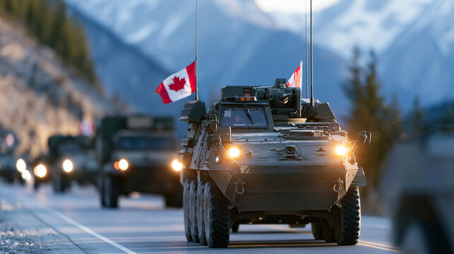 Military vehicles with flags driving along asphalt road, rocky terrain and mountains background, convoy movement, tactical deployment, ground forces transportation, armored