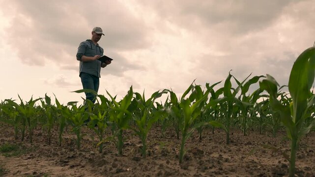 agriculture, farmer working corn field digital tablet, Farmer collecting data on corn field, Modern digital farming approach, Starting phase of maize plants, Agribusiness technology trends