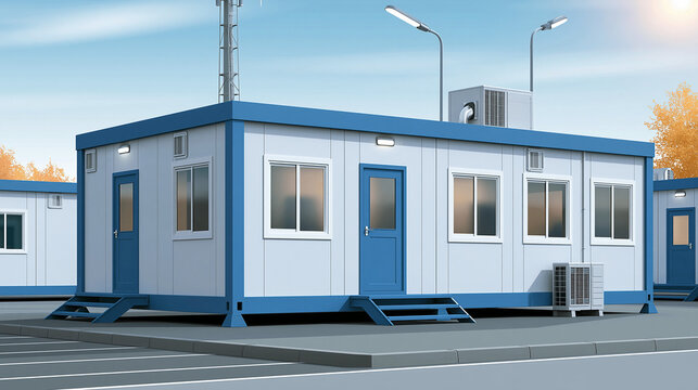 Modular container building illustration, temporary housing field office disaster relief shelter vector, emergency accommodation, crisis response facility, portable structure,