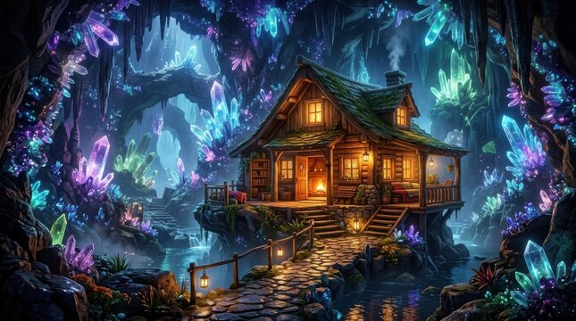 Warm glowing cabin inside a crystal cave for a fantasy home scene. This abstract science design features a mystical house for an