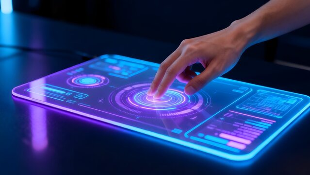 Hand interacting with futuristic touch screen