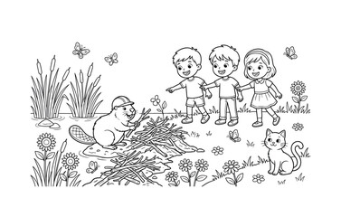 Obraz premium Children observe a beaver building a dam on a sunny day by the riverbank