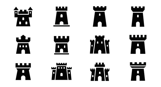 Castle Tower Icons Set - Medieval Fortress Silhouette Collection