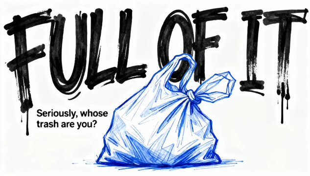 Vector illustration in the style of a blue pen drawing of a plastic bag with the inscription FULL OF IT in black strokes and the subtext Seriously, whose trash are you_02