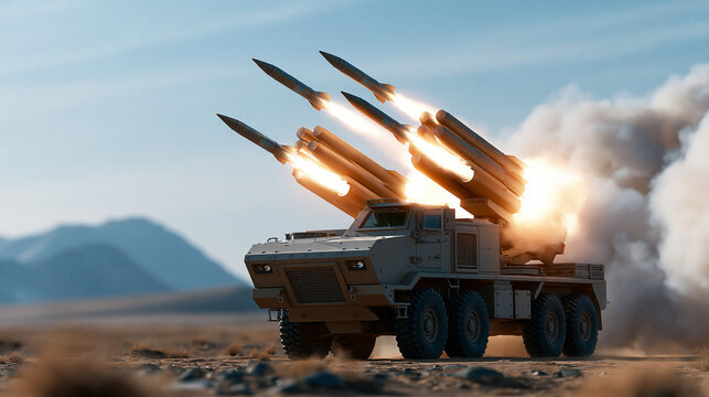 Armored rocket launcher vehicle fires multiple missiles in desert landscape, mobile artillery, desert warfare, tactical bombardment, ground-based weaponry, arid combat zone,