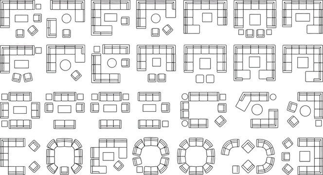 Set of furniture for living room, top view, sofa, armchair, coffee table, isolated on white background