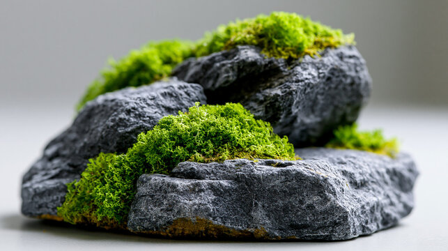 Detailed miniature diorama featuring textured grey rocks and vibrant green moss, isolated white backdrop, history studies, tabletop gaming, fantasy hobby displays, model terrain,