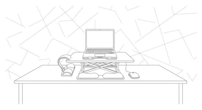 Ergonomic standing desk setup with laptop and mouse, modern workspace illustration