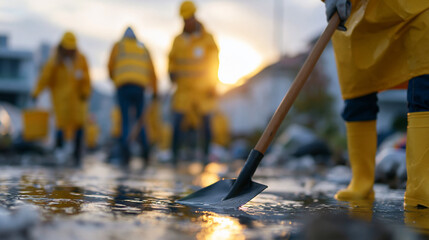 Obraz premium Faceless community volunteers in waterproof gear clearing flood debris from residential street at sunset, showing resilience teamwork recovery after disaster, crisis response,