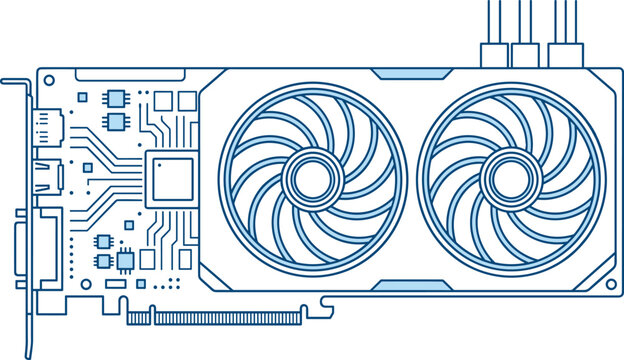 Desktop PC Graphics Card Blueprint Vector Icon with Dual Cooling Fans, Circuit Board Traces, and GPU Line Art Illustration