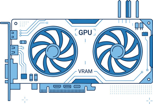 Desktop PC Graphics Card Blueprint Vector Icon with GPU and VRAM Labels, Dual Cooling Fans, Circuit Traces, and Hardware Technical Illustration