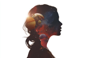 Obraz premium Cosmic Silhouette of a Woman’s Side Profile Made from Stars and Planets