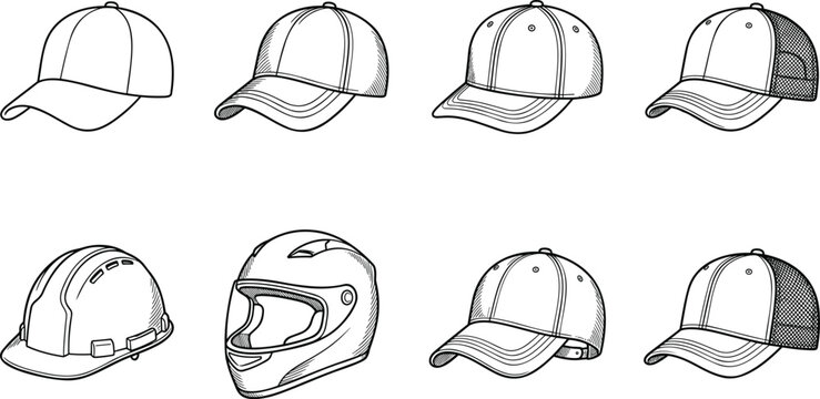 Men Headwear Vector Icon Set with Hand Drawn Baseball Caps, Mesh Trucker Hats, Construction Hard Hat, and Motorcycle Full Face Helmet