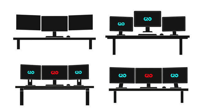 Multiple computer monitors on desks, setup variations, digital display technology
