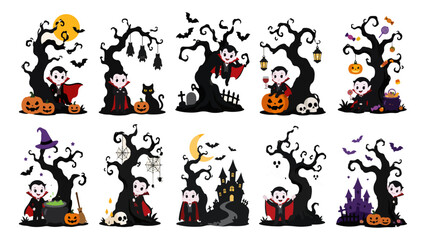 Obraz premium Cute Halloween vampire character collection with spooky tree, pumpkin, ghost, candy, and haunted house vector illustrations for a happy Halloween background or border design