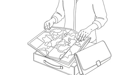 Obraz premium Person planning travel route on map with briefcase and bag