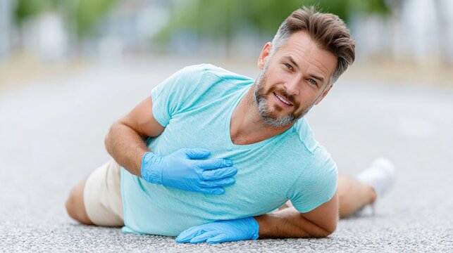 Man clutching chest collapsing on road during emergency