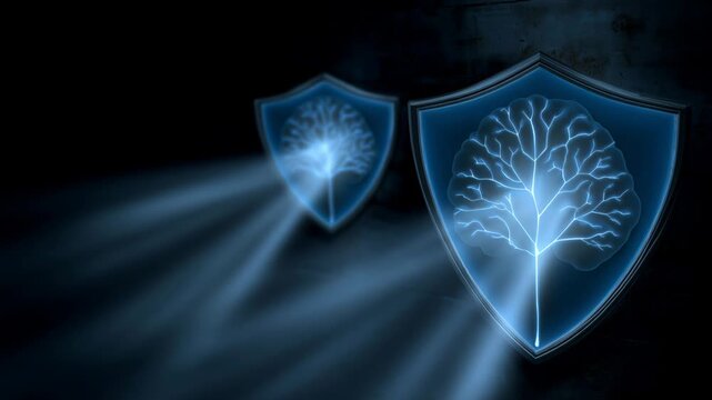 Glowing shields protect brain from disease in health defense symbol. High quality 4k footage