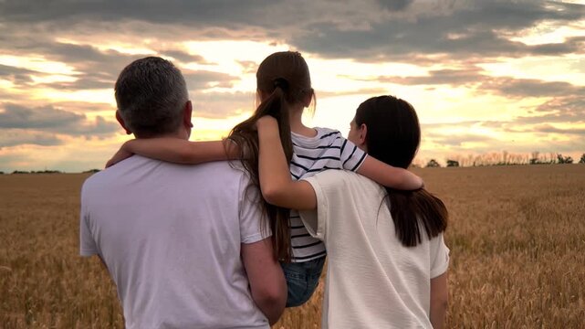 happy family, parents kid girl watching sunset, child mother father hugging sunset nature, Family adventure in nature, Quiet moments with family, Simple joys with loved ones, Family back to camera at