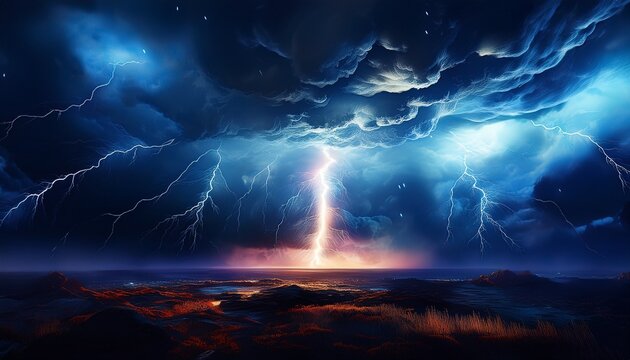 a dramatic lightning bolt splits the pitch black sky illuminating intricate cloud formations during a fierce storm in the night