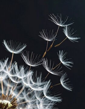 Macro Shot of a Dandelion Seed Head with Seeds Flying Away on Black