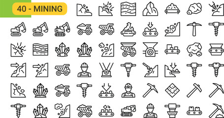 Fototapeta premium Flat design mining industry icons set with construction and excavation tools vector illustration