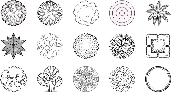 Set of various tree top view icons for architectural landscape design