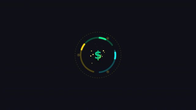 Dynamic motion animation of digital dollar sign surrounded by colorful circular lines representing finance and technology concepts.