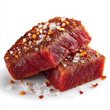 Seared Tuna Steaks with Salt and Chili Flakes on White Background