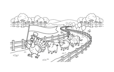 Fototapeta premium Happy turkey leading a countryside parade along a dirt path, with balloons, butterflies, wooden fences, and trees in the